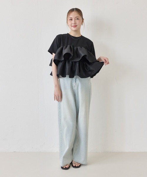 en CAnAF(エンカナフ)の「【1枚で華やぐ主役トップス】ナイロンドッキングフリルTシャツ(Tシャツ/カットソー・レディース・ブラウン/ブラック/ホワイト・フリー)」の13枚目の写真