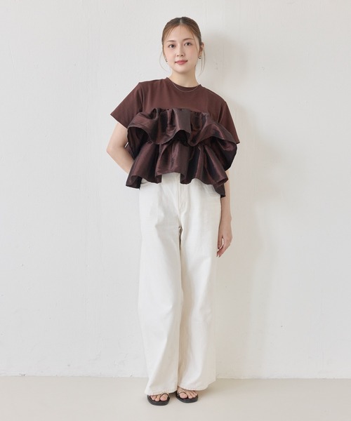 en CAnAF(エンカナフ)の「【1枚で華やぐ主役トップス】ナイロンドッキングフリルTシャツ(Tシャツ/カットソー・レディース・ブラウン/ブラック/ホワイト・フリー)」の18枚目の写真