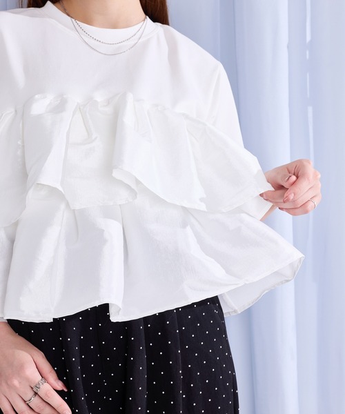 en CAnAF(エンカナフ)の「【1枚で華やぐ主役トップス】ナイロンドッキングフリルTシャツ(Tシャツ/カットソー・レディース・ブラウン/ブラック/ホワイト・フリー)」の7枚目の写真