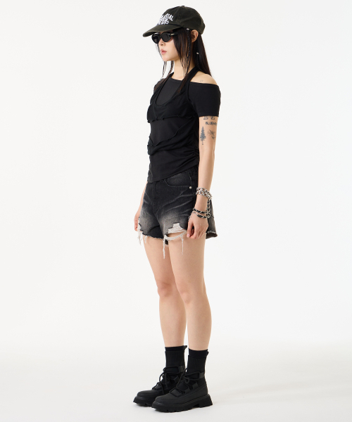 UNKNOWN PLANET(アンノウンプラネット)の「ヴィンテージダメージカットオフショーツブラック(その他パンツ・レディース・その他・MEDIUM/SMALL/LARGE)」の14枚目の写真
