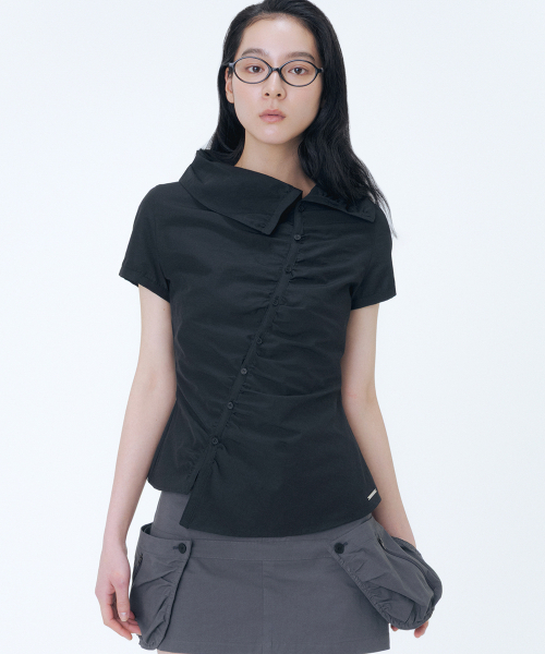 セール】High neck shirring button shirt BLACK（シャツ/ブラウス 