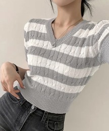 ケーブル編みボーダーVネック半袖ニット サマーニットトップス レディース