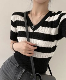 ケーブル編みボーダーVネック半袖ニット サマーニットトップス レディース