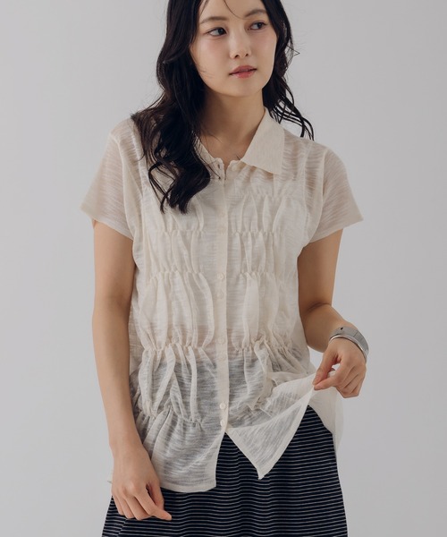 MUHET(ミュエータ)の「shirring slab knit shirt / シャーリングスラブニットシャツ(シャツ/ブラウス・レディース・グレー/アイボリー/ピンク・FREE)」の1枚目の写真