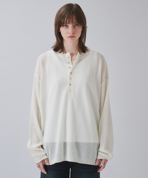 SELLE GLANT（セレグランテ）の「HENLEY NECK LINEN MIX MESH KNIT / ヘンリーネックリネンミックスメッシュニット（ニット/セーター・メンズ・ダークグレー/オフホワイト・SMALL/MEDIUM/LARGE）」の17枚目の写真