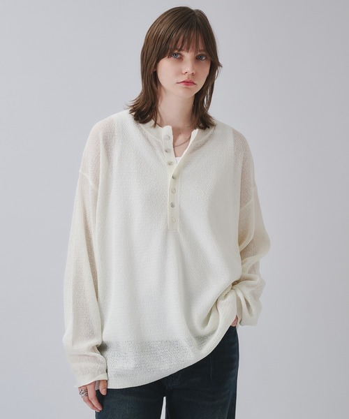 SELLE GLANT（セレグランテ）の「HENLEY NECK LINEN MIX MESH KNIT / ヘンリーネックリネンミックスメッシュニット（ニット/セーター・メンズ・ダークグレー/オフホワイト・SMALL/MEDIUM/LARGE）」の16枚目の写真