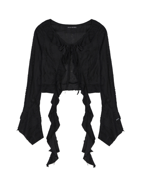 NICK&NICOLE(ニックアンドニコール)の「DISTRESSED RUFFLE TIE CARDIGAN_BLACK(カーディガン/ボレロ・レディース・その他・FREE)」の4枚目の写真