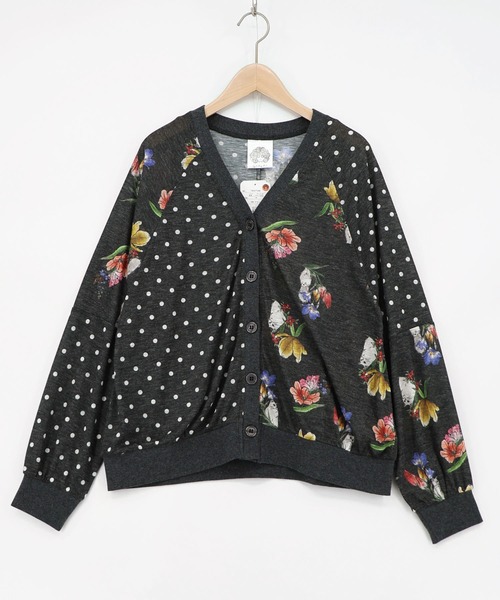 ScoLar(スカラー)の「162748:ドット×花ネコ柄 シアーカーディガン(カーディガン/ボレロ・レディース・オフホワイト/ブラック/ピンク・M)」の3枚目の写真