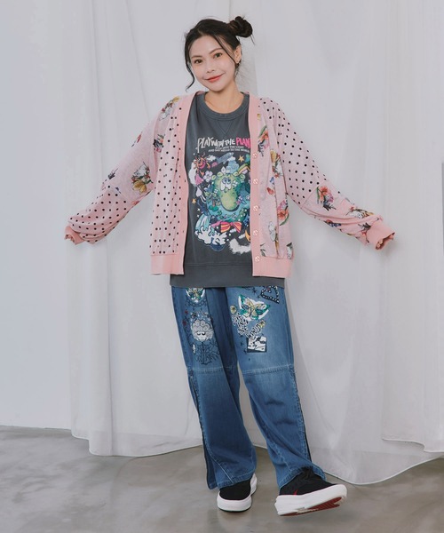 ScoLar(スカラー)の「162748:ドット×花ネコ柄 シアーカーディガン(カーディガン/ボレロ・レディース・オフホワイト/ブラック/ピンク・M)」の4枚目の写真