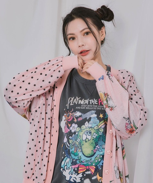 ScoLar(スカラー)の「162748:ドット×花ネコ柄 シアーカーディガン(カーディガン/ボレロ・レディース・オフホワイト/ブラック/ピンク・M)」の9枚目の写真