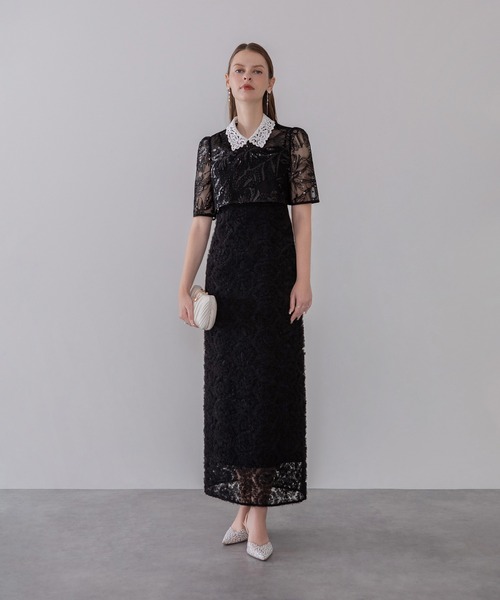 Leja(レジャ)の「【LEJA】レースカラーシアースパンコールチュールIラインワンピースドレス美脚効果結婚式 パーティードレス 成人式 二次会 同窓会 お呼ばれ オケージョン 20代 30代(ドレス・レディース・ブラック・MEDIUM)」の1枚目の写真