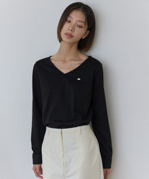 ロゴシルキーVネックスリーブTシャツ - ブラック