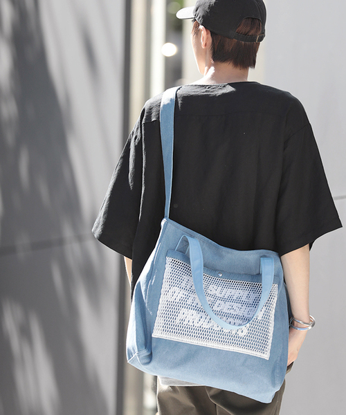 WEGO（ウィゴー）の「WEGO/メッシュポケット2WAYトートバッグ（トートバッグ・メンズ・ブラック/ライトインディゴブルー/オレンジ/ホワイト・FREE）」の3枚目の写真