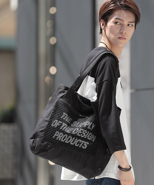 WEGO（ウィゴー）の「WEGO/メッシュポケット2WAYトートバッグ（トートバッグ・メンズ・ブラック/ライトインディゴブルー/オレンジ/ホワイト・FREE）」の2枚目の写真