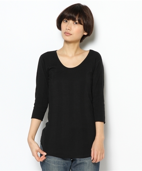 BEAMS BOY（ビームスボーイ）の「BEAMS BOY / ランダムテレコ Uネック 7分袖（Tシャツ/カットソー・レディース・ホワイト/ライトグレー/ブラック・ONE SIZE）」の2枚目の写真