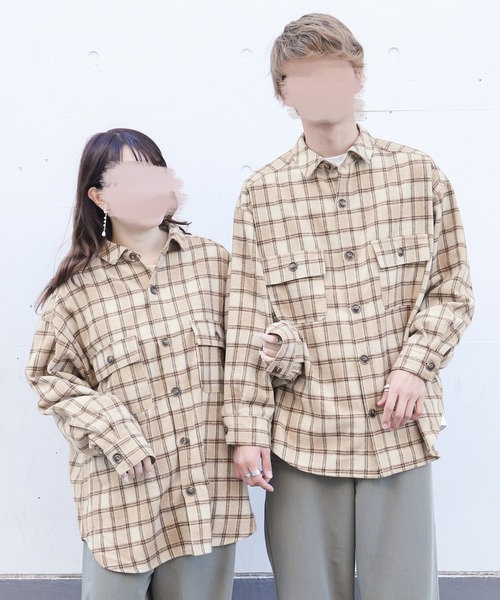 PairPair(ペアペア)の「バックロゴオーバーチェックシャツ(ユニセックス)(シャツ/ブラウス・レディース・ブラウン/レッド/ブラック/ベージュ・FREE)」の5枚目の写真