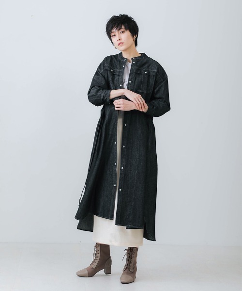 overE ロングシャツワンピース　インディゴ 96　デニム風 CHUNKY FACTORY デニム ワンピース 長袖 大きいサイズ