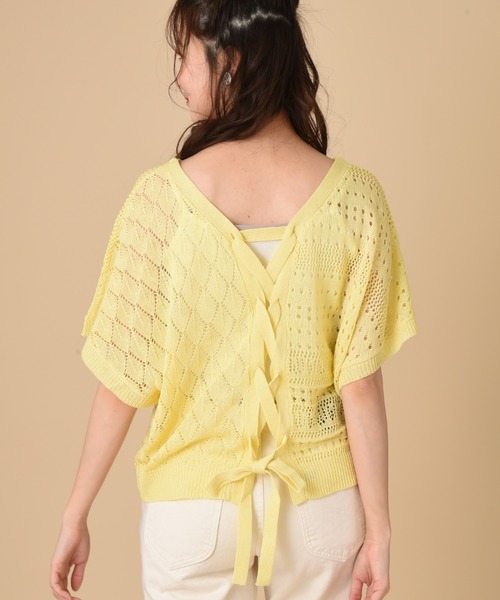INTERPLANET（インタープラネット）の「【ＷＥＢ限定】透かし編ＢＡＣＫレースアップ＋キャミセット（ニット/セーター・レディース・サックスブルー/イエロー/オフホワイト・FREE）」の15枚目の写真