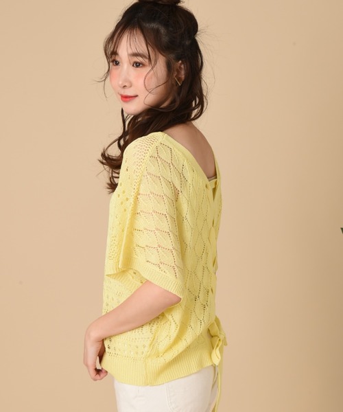 INTERPLANET（インタープラネット）の「【ＷＥＢ限定】透かし編ＢＡＣＫレースアップ＋キャミセット（ニット/セーター・レディース・サックスブルー/イエロー/オフホワイト・FREE）」の11枚目の写真