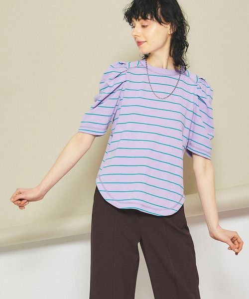 INella（イネラ）の「【INella(イネラ)】ボーダータックショルダートップス（Tシャツ/カットソー・レディース・ブラック/パープル/ベージュ・FREE）」の4枚目の写真