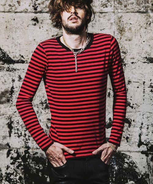 NO ID.（ノーアイディ）の「mlt3456-ボーダーロンＴ（Tシャツ/カットソー・メンズ・ブラック×グレー/ブラック×レッド/ホワイト×ブラック/ブラック×パープル・1/2）」の4枚目の写真