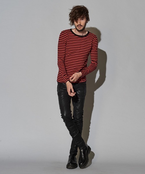 NO ID.（ノーアイディ）の「mlt3456-ボーダーロンＴ（Tシャツ/カットソー・メンズ・ブラック×グレー/ブラック×レッド/ホワイト×ブラック/ブラック×パープル・1/2）」の11枚目の写真