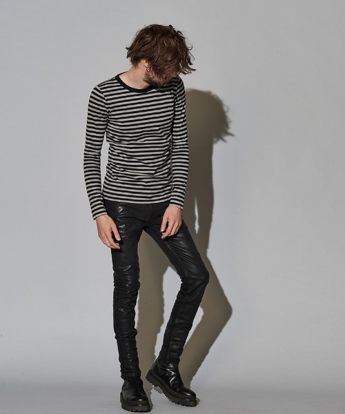 NO ID.（ノーアイディ）の「mlt3456-ボーダーロンＴ（Tシャツ/カットソー・メンズ・ブラック×グレー/ブラック×レッド/ホワイト×ブラック/ブラック×パープル・1/2）」の13枚目の写真