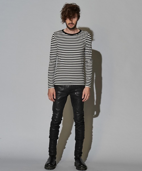 NO ID.（ノーアイディ）の「mlt3456-ボーダーロンＴ（Tシャツ/カットソー・メンズ・ブラック×グレー/ブラック×レッド/ホワイト×ブラック/ブラック×パープル・1/2）」の18枚目の写真