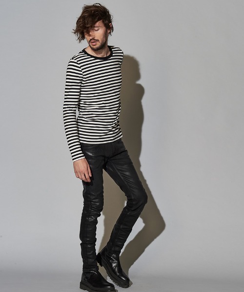 NO ID.（ノーアイディ）の「mlt3456-ボーダーロンＴ（Tシャツ/カットソー・メンズ・ブラック×グレー/ブラック×レッド/ホワイト×ブラック/ブラック×パープル・1/2）」の19枚目の写真