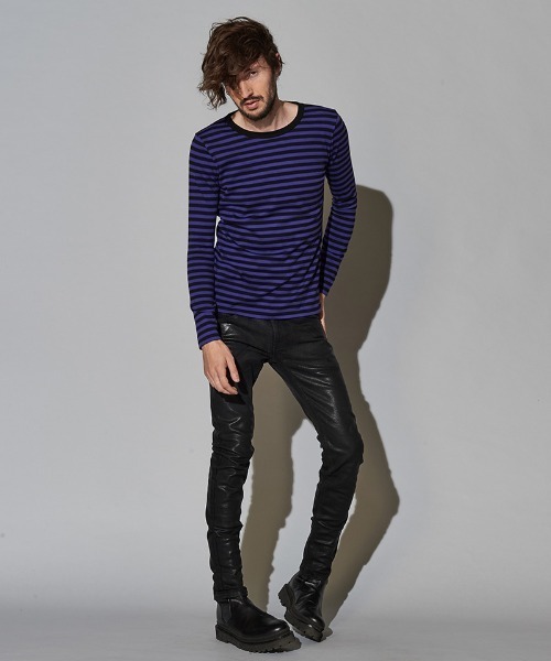 NO ID.（ノーアイディ）の「mlt3456-ボーダーロンＴ（Tシャツ/カットソー・メンズ・ブラック×グレー/ブラック×レッド/ホワイト×ブラック/ブラック×パープル・1/2）」の20枚目の写真