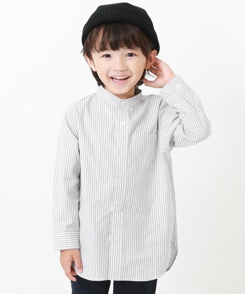 devirock(デビロック)の「スタンドカラーロング丈シャツ(シャツ/ブラウス・キッズ・ホワイト/グレー・150cm/160cm/100cm/120cm/110cm/130cm/140cm)」の2枚目の写真