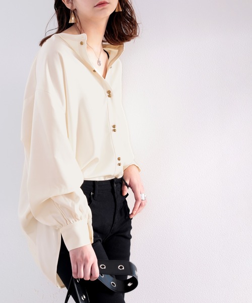 当日発送★YONFA ダブルボタンオーバーシャツ セール】際立つ光沢感。2wayダブルボタンシャツ（シャツ