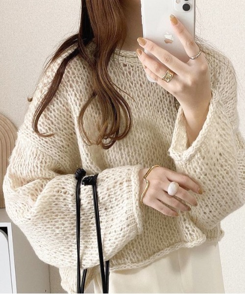 Per sist ence(パーシエンス)の「Per sist ence/パーシエンス 透かし編み ニットプルオーバー(ニット/セーター・レディース・ブラック/イエロー/アイボリー/グレイッシュベージュ・FREE)」の2枚目の写真