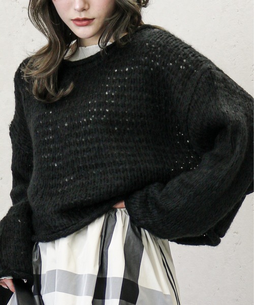 Per sist ence(パーシエンス)の「Per sist ence/パーシエンス 透かし編み ニットプルオーバー(ニット/セーター・レディース・ブラック/イエロー/アイボリー/グレイッシュベージュ・FREE)」の3枚目の写真