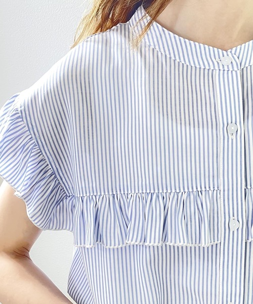 classicalelf（クラシカルエルフ）の「今っぽく着映え。ストライプ柄フリルブラウス（シャツ/ブラウス・レディース・ホワイト/ブラック/オリーブ/サックスブルー・SMALL/MEDIUM/LARGE/X-LARGE）」の9枚目の写真