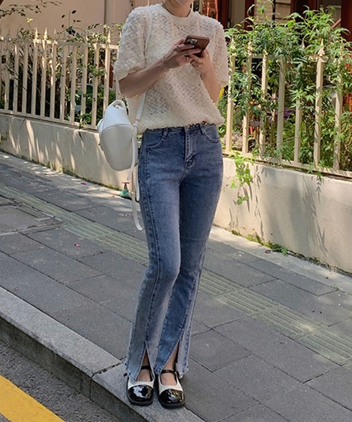 me+em select（ミームセレクト）の「※※【 ５color 】シースルーフリルレースニットブラウス（シャツ/ブラウス・レディース・アイボリー/ピンク/ミント/ブラック/スモークピンク・FREE）」の6枚目の写真