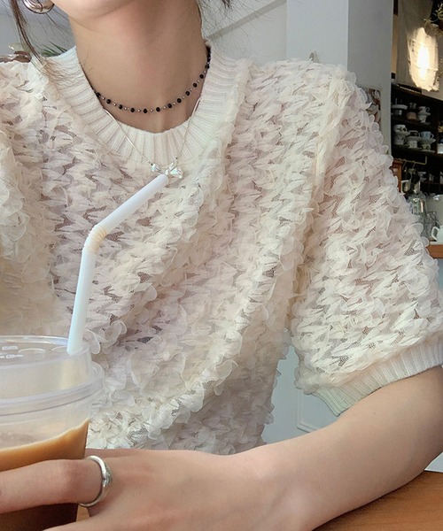 me+em select（ミームセレクト）の「※※【 ５color 】シースルーフリルレースニットブラウス（シャツ/ブラウス・レディース・アイボリー/ピンク/ミント/ブラック/スモークピンク・FREE）」の22枚目の写真