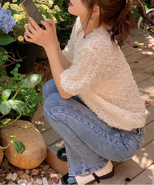 me+em select（ミームセレクト）の「※※【 ５color 】シースルーフリルレースニットブラウス（シャツ/ブラウス・レディース・アイボリー/ピンク/ミント/ブラック/スモークピンク・FREE）」の11枚目の写真