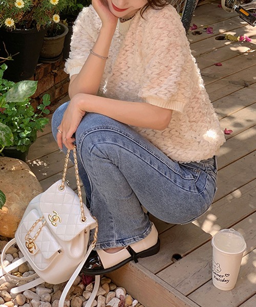 me+em select（ミームセレクト）の「※※【 ５color 】シースルーフリルレースニットブラウス（シャツ/ブラウス・レディース・アイボリー/ピンク/ミント/ブラック/スモークピンク・FREE）」の14枚目の写真