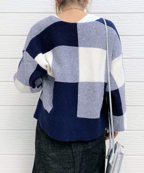Q(キュー)の「ブロックチェックショートカーデ(カーディガン/ボレロ・レディース・ブラウン系その他/ブルー系その他・MEDIUM)」の7枚目の写真