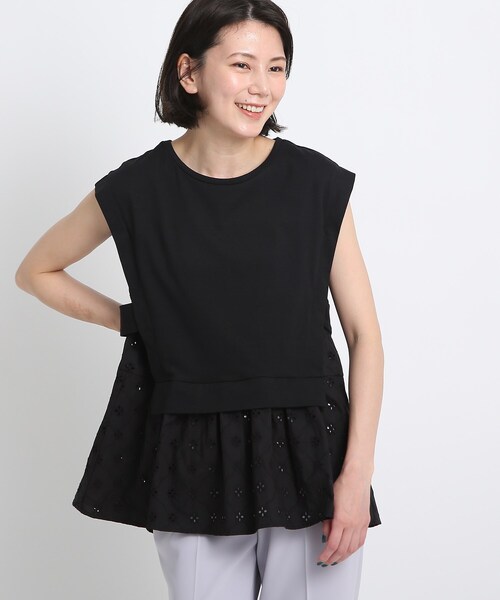 COUP DE CHANCE（クードシャンス）の「◆ジャージ×レース レイヤード風プルオーバ（Tシャツ/カットソー・レディース・ホワイト/ブラック・38/34）」の2枚目の写真