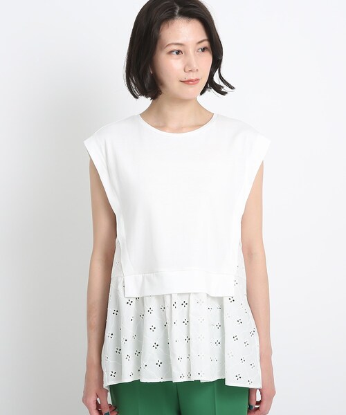 COUP DE CHANCE（クードシャンス）の「◆ジャージ×レース レイヤード風プルオーバ（Tシャツ/カットソー・レディース・ホワイト/ブラック・38/34）」の3枚目の写真
