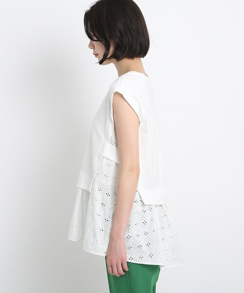 COUP DE CHANCE（クードシャンス）の「◆ジャージ×レース レイヤード風プルオーバ（Tシャツ/カットソー・レディース・ホワイト/ブラック・38/34）」の4枚目の写真