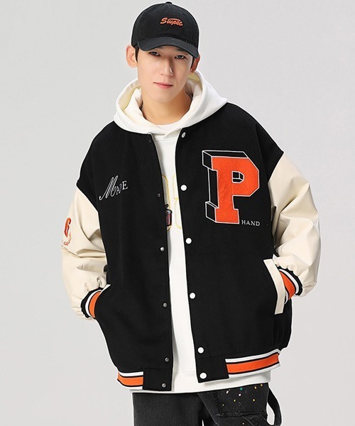 Ressaca(レサーカ)の「オーバーサイズ ワッペンロゴ刺繍スタジャン フェイクレザー切り替えブルゾン(スタジャン・メンズ・ブラウン系その他/ブラック/ブラック系その他2/ブラウン系その他2/ブラック系その他/グレー/ブラウン/グリーン/グリーン系その他2・M/XL/L)」の3枚目の写真