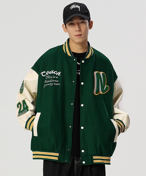 Ressaca(レサーカ)の「オーバーサイズ ワッペンロゴ刺繍スタジャン フェイクレザー切り替えブルゾン(スタジャン・メンズ・ブラウン系その他/ブラック/ブラック系その他2/ブラウン系その他2/ブラック系その他/グレー/ブラウン/グリーン/グリーン系その他2・M/XL/L)」の8枚目の写真