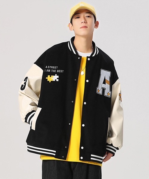 Ressaca(レサーカ)の「オーバーサイズ ワッペンロゴ刺繍スタジャン フェイクレザー切り替えブルゾン(スタジャン・メンズ・ブラウン系その他/ブラック/ブラック系その他2/ブラウン系その他2/ブラック系その他/グレー/ブラウン/グリーン/グリーン系その他2・M/XL/L)」の4枚目の写真