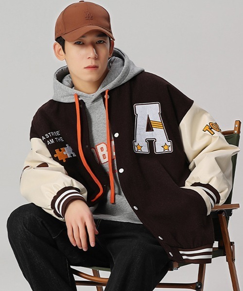 Ressaca(レサーカ)の「オーバーサイズ ワッペンロゴ刺繍スタジャン フェイクレザー切り替えブルゾン(スタジャン・メンズ・ブラウン系その他/ブラック/ブラック系その他2/ブラウン系その他2/ブラック系その他/グレー/ブラウン/グリーン/グリーン系その他2・M/XL/L)」の7枚目の写真