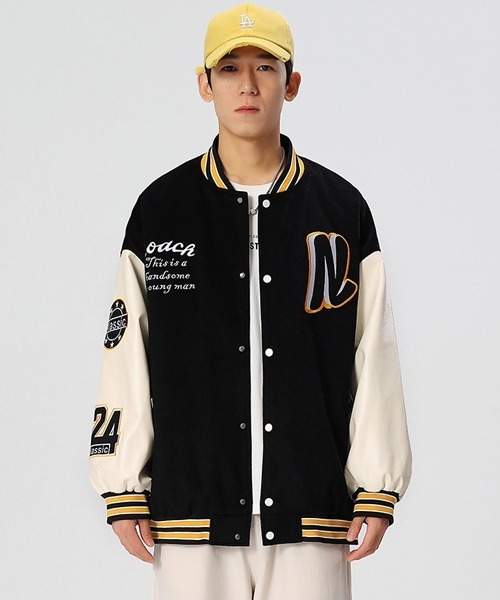 HEWIT スタジャン　大人カジュアル　古着　レザー切替　ロゴワッペン　38 オーバーサイズ ワッペンロゴ刺繍スタジャン フェイクレザー切り替え