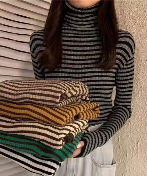 Nia（ニア）の「Nia(ニア)/ボーダータートルネック（ニット/セーター・レディース・レッド/グレー/イエロー/グリーン/ブラック/ブラウン・FREE）」の8枚目の写真