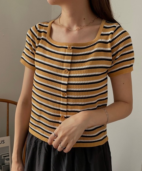 Miscere（ミスケーレ）の「◇ スクエアネックマルチボーダートップス　GLAPA-032（Tシャツ/カットソー・レディース・レッド/ベージュ/イエロー/ブルー・FREE）」の4枚目の写真
